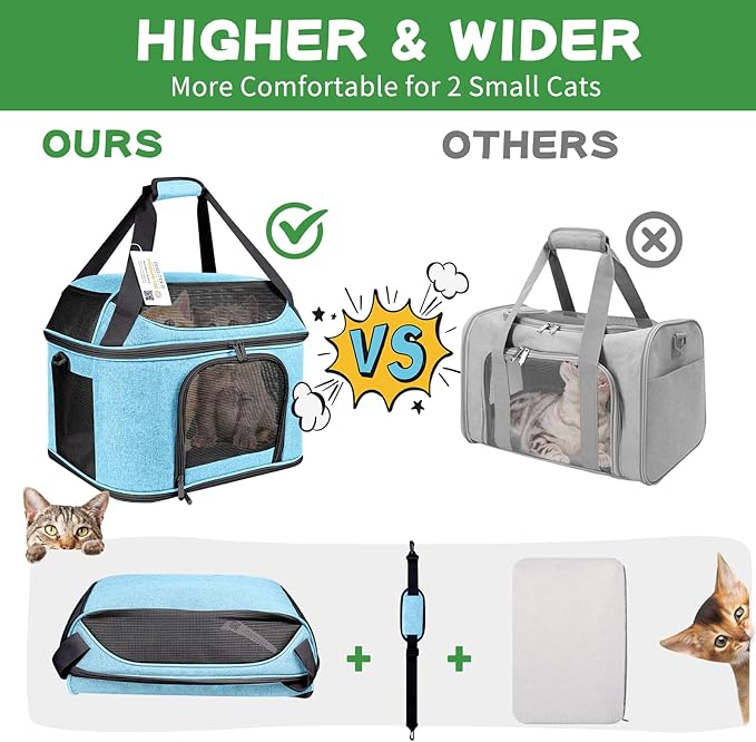 Large Cat Carrier for 2 Cats Soft Side Pet Carrier for Kitten Small Dog Collapsible Travel Small Dog Carrier, TSA Airline Approved Carrier for Large Cats 20 lbs, Blue