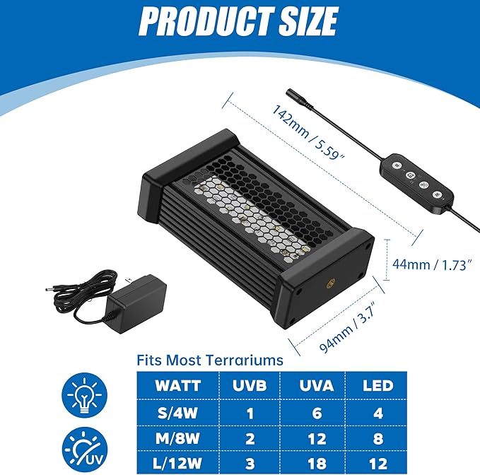Dimmable LED Reptile UVB Light, LED Reptile Light Controller with Multiple Dimming and UVI Modes, 9W Aluminum UVA UVB for Rainforest and Desert Reptiles, Geckos, Chameleons and Bearded Dragons, etc.