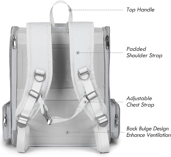 Cat Backpack Carrier, Large Pet Backpack with Kitten Wand Feather Toy for Medium Small Dog Cat Puppy Kitty Bunny up to 15lbs, Ventilated Mesh Dog Travel Carrier for Hiking Walking Outdoor Use (Grey)