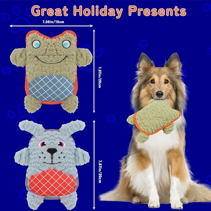 Crinkle Dog Toys Squeaky Plush No Stuffing Cute Puppy Stuffless Tough Rop Pull Toy, Fun Dog Stuffed Animals Durable Chew Set for Small Medium Large Pup (Large, Green Frog+Blue Dog)