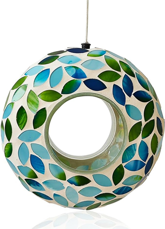 Mosaic Bird Feeder, Outside Hanging with Round Shape Glass BirdFeeders to Attract More Wild Birds, Mosaic Fly Through for Garden, Yard, Backyard, Deck and Porch Decor, Green 7-Inch