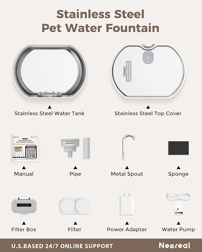 Cat Water Fountain Stainless Steel: 74oz/2.2L Cat Fountain for Drinking- Pet Water Fountain Inside - Automatic Dog Watering Dispenser Bowl - Pet Feeding & Watering Supplies (4 Filters)