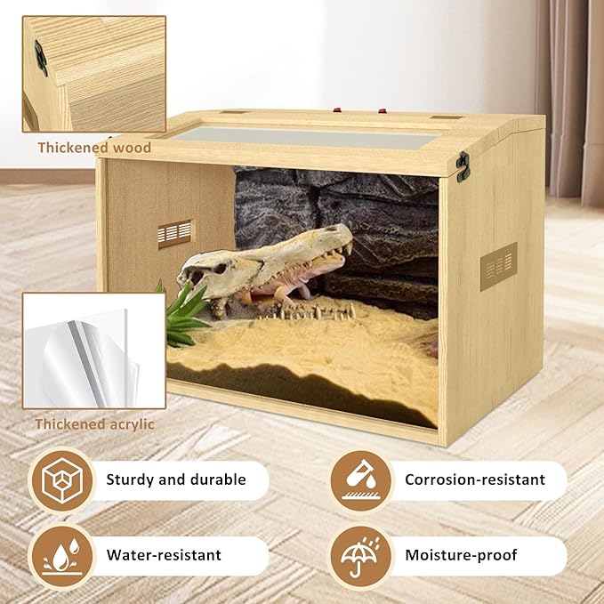 26 Gallon Bearded Dragon & Lizard Tank, Lockable Reptile Terrarium - Large Snake & Leopard Gecko Enclosure with Openable Roof Door (Wooden, 24" L x 16" W x 16" H)
