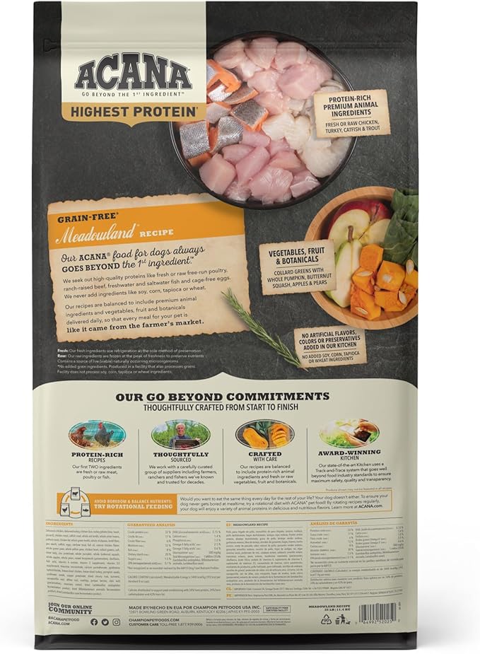 ACANA Highest Protein Grain Free Dry Dog Food Meadowland Recipe 25lb Bag