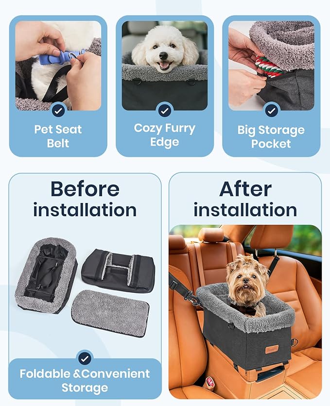 BurgeonNest Armrest Medium Sized Dog Car Seat - Portable Pet Booster Center Console Carseat Up to 15lbs, Safe Comfort Car Travel with Metal Frame, Pee Pad, Washable Fluffy Cushion and Interior, Grey