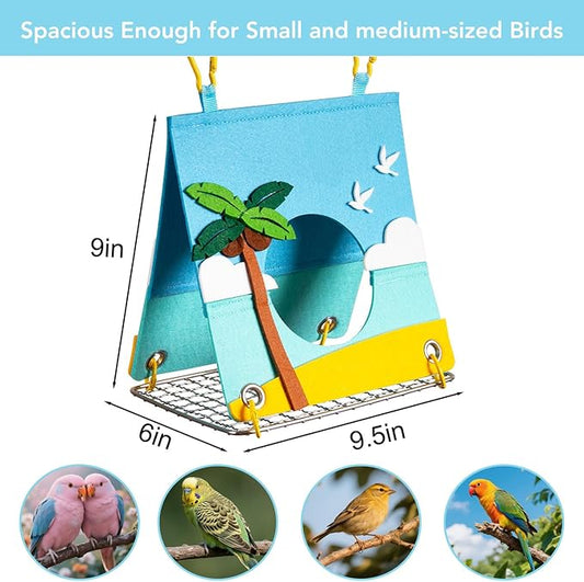 Felt Bird Bed for Cage with 304 Stainless Steel Grid - Large Size (9.4"x6.3"x8.3") - Hanging Hammock Swing Bird Tents for Parakeets, Budgies, Conures -Azure