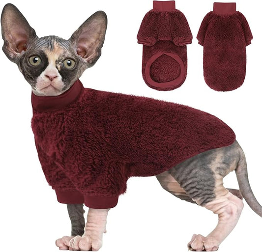 SUNFURA Sphynx Cat Sweater, Hairless Cats Turtleneck Pullover Kitten Sweaters for Cats Only, Warm and Soft Cat Pajamas Shirt with Sleeves Pet Winter Clothes Fleece Jumpsuit for Puppy, Burgundy L