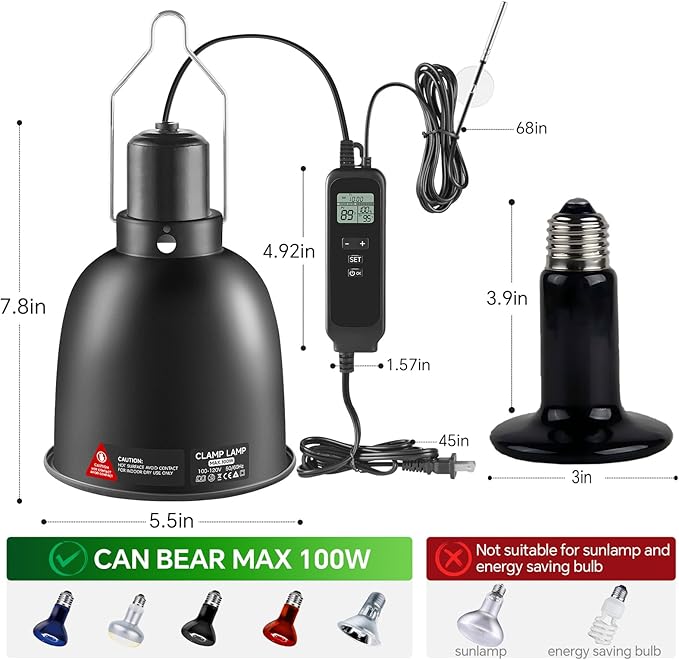 5.5 inch Reptile Heat Lamp Fixture with Thermostat and Timer,Reptile Light Fixture with 100W Ceramic Heat Emitter, PID Temperature Controller for UVB Lights, Basking Bulbs and Terrariums