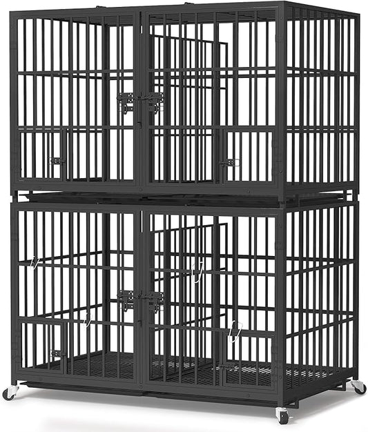 42 inch Stackable Heavy Duty Dog Crate with Open Top,Metal Double Dog Cage for 4 Dogs/Medium Dog,Dog Kennel Indoor with Wheels,Removable Trays, Divider