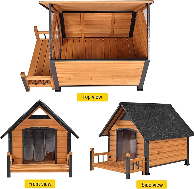 Dog House Outdoor,Dog Kennel Outside for Large Breed,Weatherproof Large Dog Shelter with Anti-Chewing Iron Frame (Brown-N, 45" D x 32.9" W x 32.6" H)