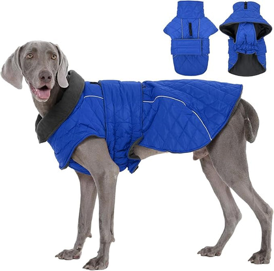 Kuoser Dog Coat, Extra Warm Dog Jacket Windproof Dogs Cold Weather Coats for Large Dogs, Fleece Lining Turtleneck Puppy Snowsuit Reflective Adjustable Pet Winter Clothes Christmas, Blue 2XL