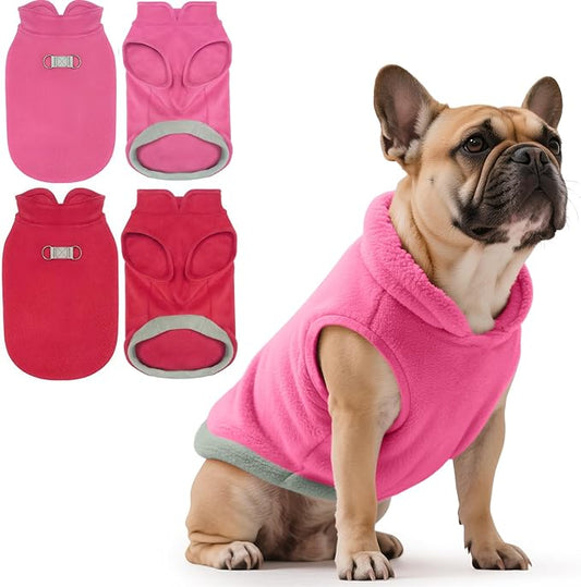 Idepet 2 Pack Dog Fleece Vest Sweater Warm Pullover Jacket with D-Ring Leash Reflective Winter Coat Hoodie for Small Medium Dogs Puppy Cat Pet Clothes (Red&Rose Red, XX-Large-French Bulldog)