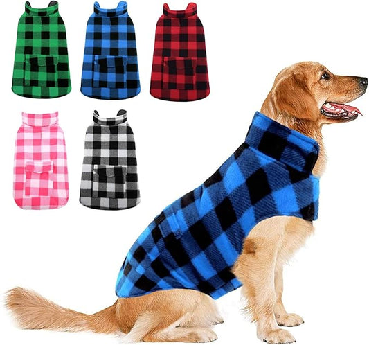 ASENKU Dog Winter Coat, Fleece Doggie Jacket Plaid Reversible Vest Waterproof Windproof Cold Weather Clothes for Small Medium Large Dogs (L, Blue)