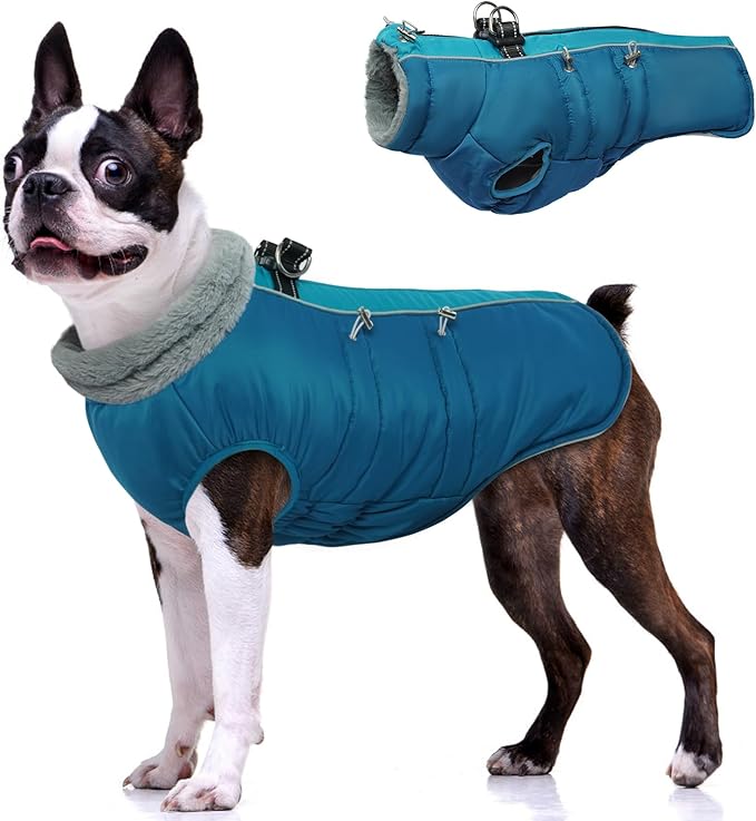 IDOMIK Warm Dog Coat with Harness Built-in, Thick Fleece Dog Winter Jacket with High Collar&Zipper, Waterproof Reflective Dogs Cold Weather Coats for Large Dogs, Pet Snow Jacket Vest(Blue,L)
