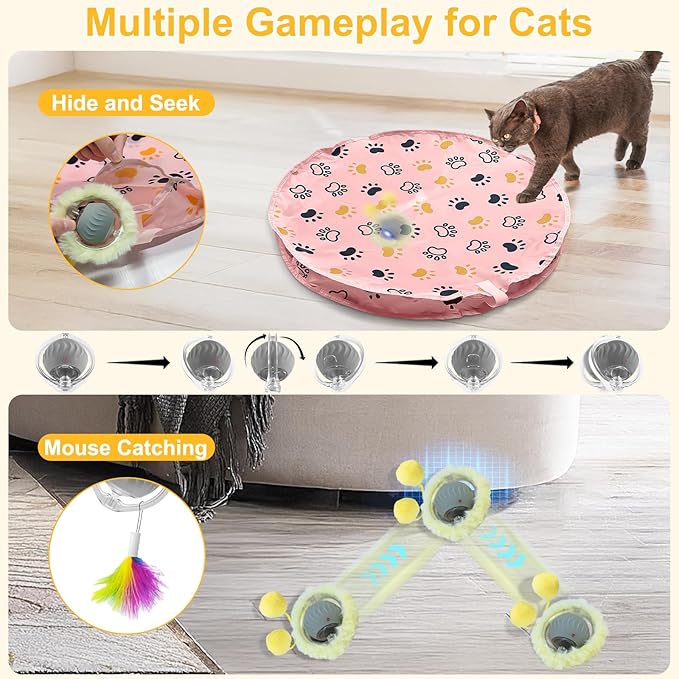 Interactive Cat Toys for Indoor Cats, Automatic Motion Cat Toy in Pouch Fast Rolling Ball in Play Mat Hide and Seek Mouse Catching Game with Chirping Stimulation,Led Light,Auto On/Off(Pink)