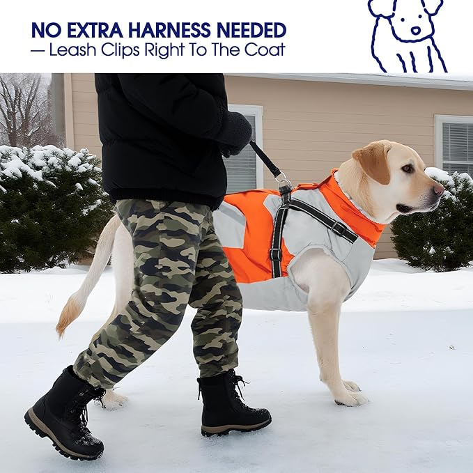 FUAMEY Dog Winter Jackets for Large Dogs,Dog Coat with Harness Built in,Waterproof Dogs Snowsuits Warm Pet Jacket Zip Up Fleece Cold Weather Coats Reflective Puppy Vest with Pocket Orange 2XL