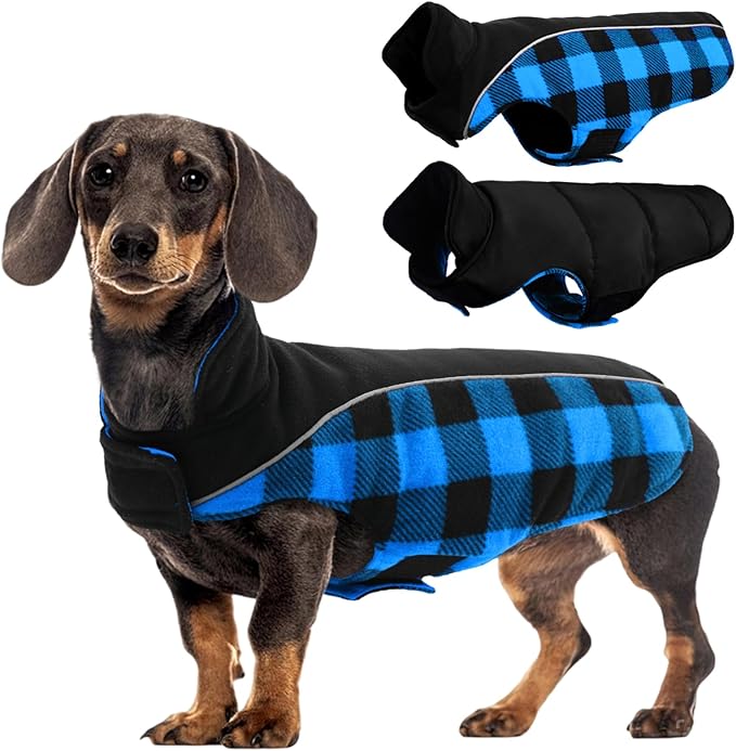 Kuoser Dog Winter Coat, Reversible Waterproof Dog Jacket with Reflective Strip, Warm Dogs Fleece Vest Adjustable Doggy Cold Weather Clothes Plaid Christmas Outfit Pet Apparel for Small Dogs, Blue S