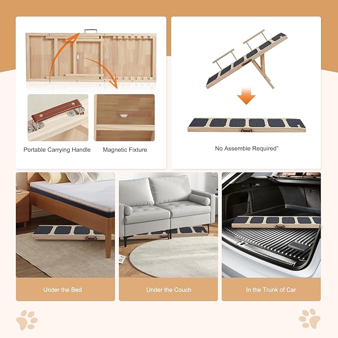 Wooden Dog Ramp for High Bed, 47.2" Long Non-Slip Dog Ramp for Couch, 6 Adjustable Heights from 15.7" to 28" with Side Rails Anti-Slip Traction Mat for Small Medium Large Dogs(Up to 160 Lbs)