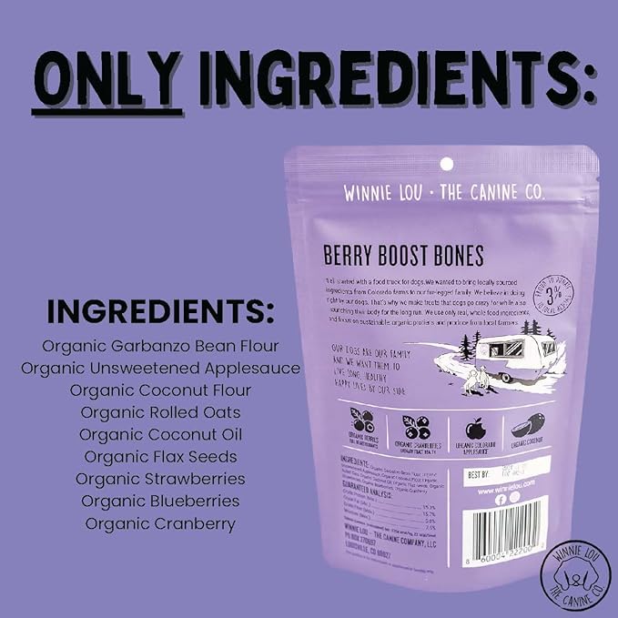 Winnie Lou Organic Healthy Dog Treats – All Natural Crunchy Dog Biscuits Made in USA with Organic Ingredients from Colorado Farms – for Small, Medium, Large Dogs - Berry Boost Bones (Pack of 2)