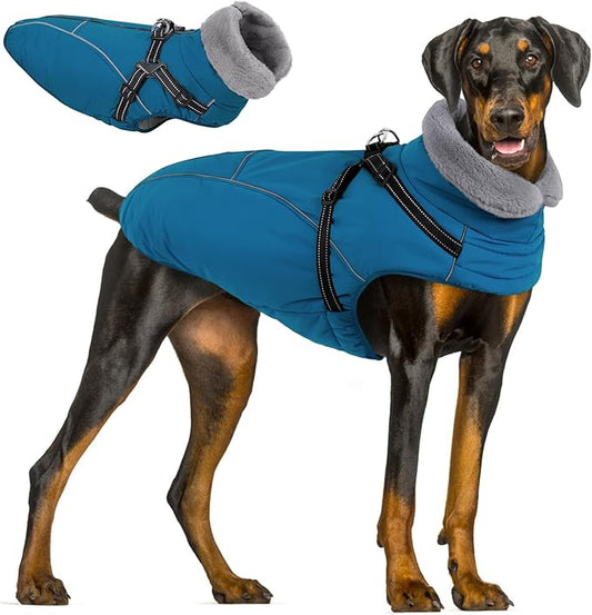 Queenmore Large Dog Coat, Dog Jacket for Extra Large Dogs with Harness Built in, Reflective Waterproof Dogs Jackets with Fleece Lining,Warm Snowsuit Pet Sweater for Doberman,Labrador,Blue,XXL