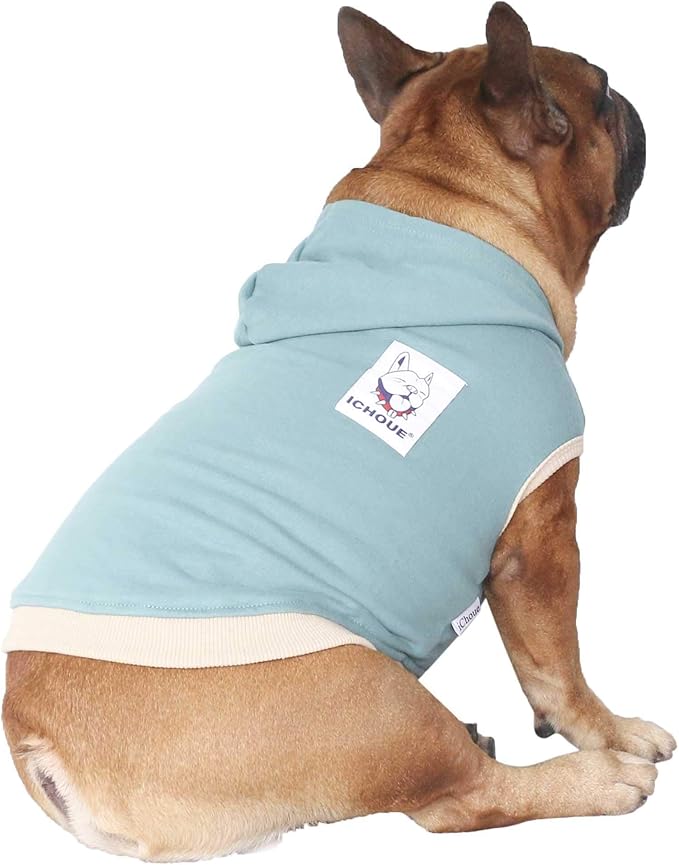 iChoue 100% Breathable Cotton Dog Hoodies Clothes for French Bulldog Sweatshirts Sweaters Frenchie Pug English Medium Dogs - Blue, Large Plus