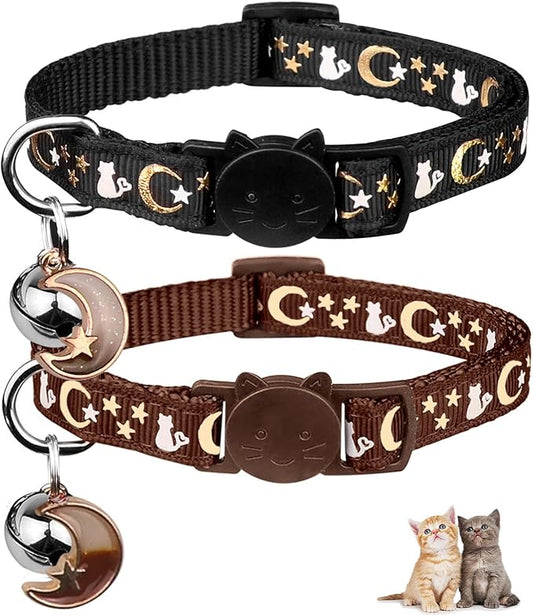 2PCS Breakaway Cat Collars with Bell Cute Kitty Glow in The Dark Adjustable Kitten Collars 7.9-13.0 Inch(Brown&Black)