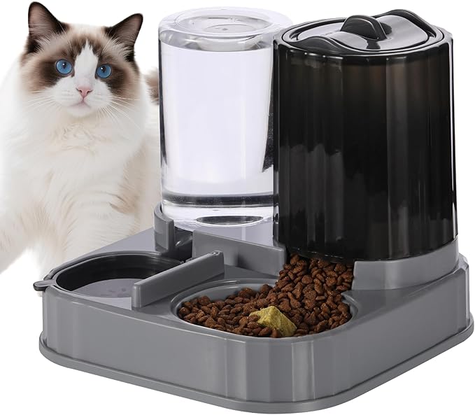 Automatic Cat Feeder Water Dispenser 2 in 1 Gravity Cat Feeder Large Capacity Dispenser for Pet Dogs Puppy Kitten (Black)