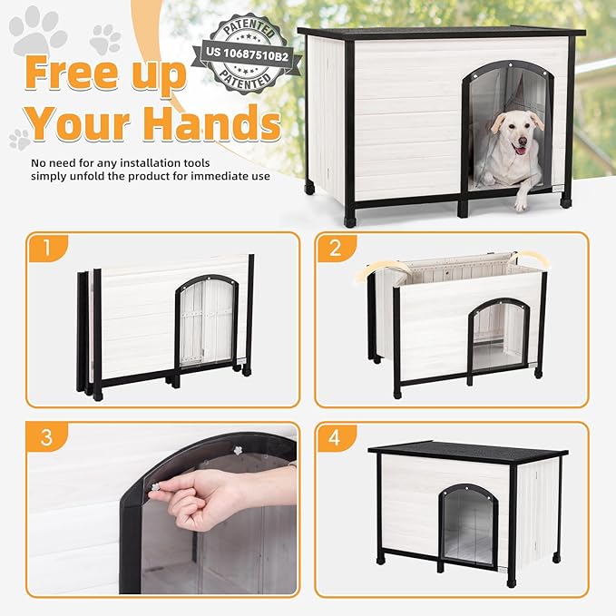 Petsfit 45.3" Large Dog House, Folding Dog House Outdoor, Unfold to Use, No Tools Required Assembly, Weatherproof Outside Dog House with Door Flap (Large, White)