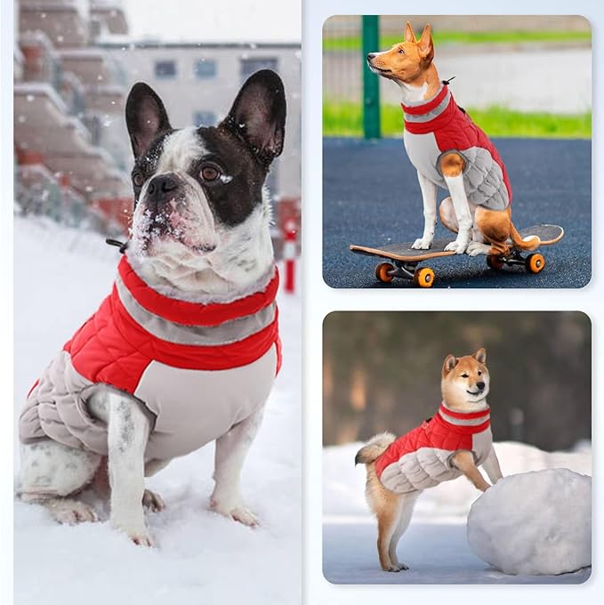 Winter Dog Coat,Large Dog Jacket,Waterproof Pet Jacket with Back Zipper,Pet Coat with Harness Built in,Warm Dogs Coat with Fleece Lined, Snow Jacket Clothes French Bulldog Shiba Inu,Red,L