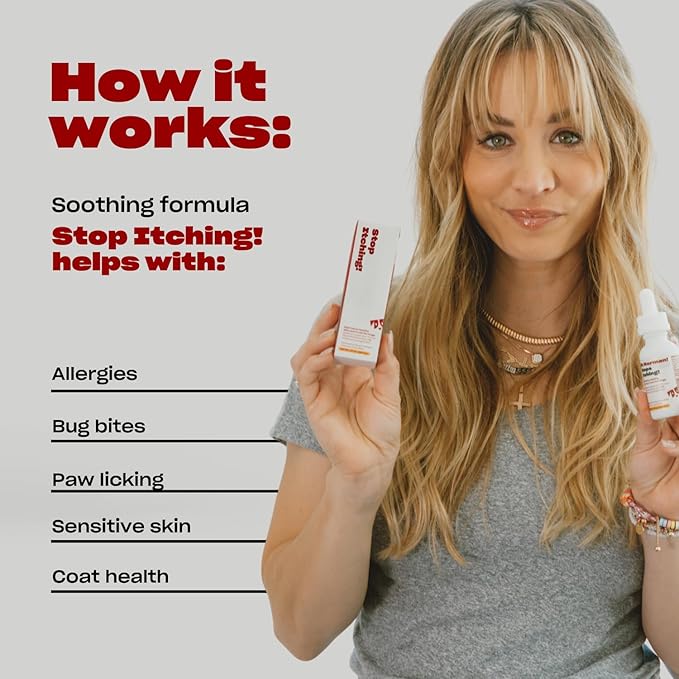 Stop Itching by Kaley Cuoco, All-Natural Itch Relief Supplement for Dogs, Vet Nutritionist-Backed,for All Life Stages and Breeds, 1 Fl Oz