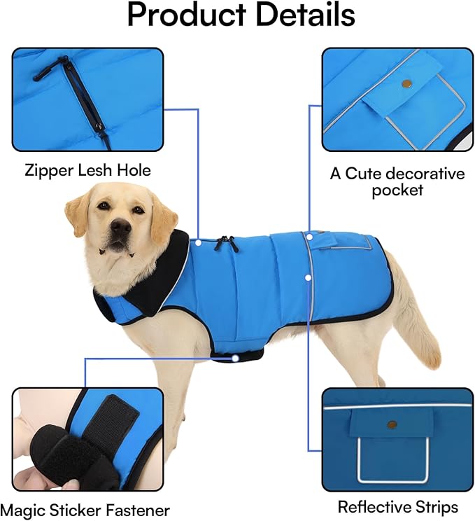 Dog Coat, Small Dog Jacket, Windproof Dogs Puffer Jacket, Fleece Lined Warm Dogs Winter Coat with Harness Hole (Blue S)