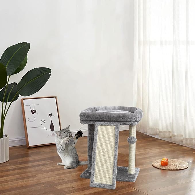 SYANDLVY Small Cat Tree with Scratching Post, Cat Scratching Board for Adults, Cat Post Scratcher for Indoor Cats, 2 Dangling Balls Great for Kittens (Light Grey)