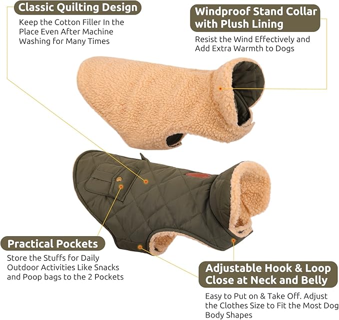 Queenmore Warm Dog Coat, Cold Weather Puffer Dog Coat, Quilting Winter Dog Jacket Ultra Thick Plush Lining with Storage Pockets (Green, X-Small)