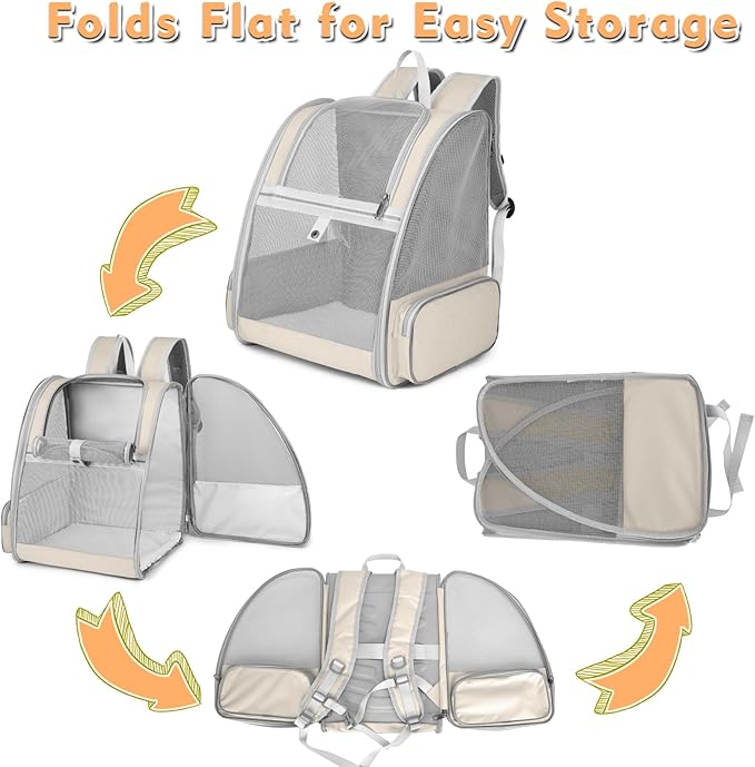 Cat Backpack Carrier, Large Pet Backpack with Kitten Wand Feather Toy for Medium Small Dog Cat Puppy Kitty Bunny up to 15lbs, Ventilated Mesh Dog Travel Carrier for Hiking Walking Outdoor Use (Beige)