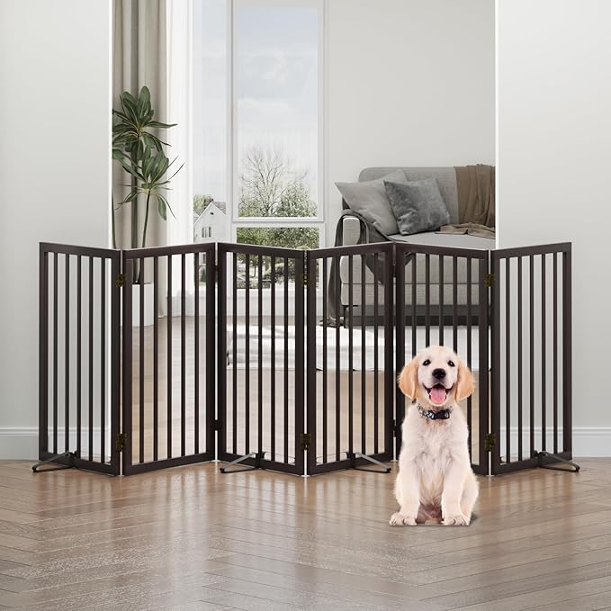 Dog Gates for Doorways, Foldable Dog Gate Indoor, Freestanding Pet Gates for Doorways Bedroom, Puppy Gate with Metal Support Feet, Room Divider, 6 Panels (Brown)