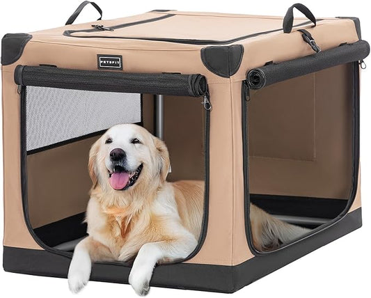 PETSFIT Soft Sided Dog Crate, with Patented Adjustable Fabric Cover, Chewproof & Lockable Mesh Doors, Waterproof Base Portable Kennel Khaki 40 Inch