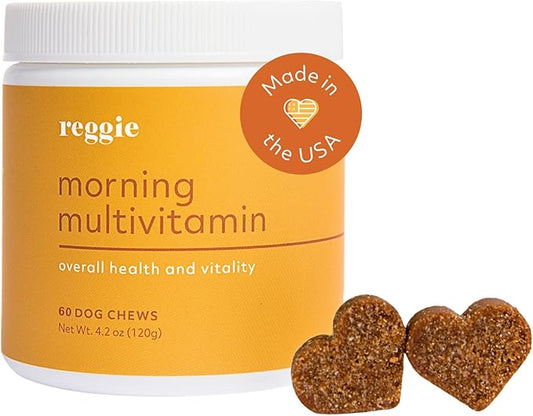 Reggie Morning Multivitamins for Dogs | Advanced Daily Immunity Booster for Heart, Joint, Skin, and Gut Health | Made in The USA, Vet-Approved, & Ideal for All Ages, Breeds, and Sizes - 60 Soft Chews