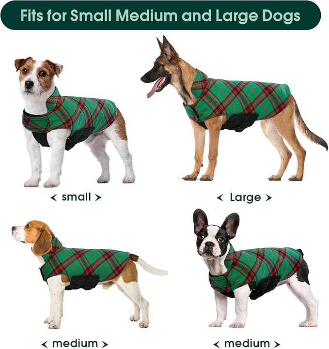 Kuoser Warm Dog Coat, Waterproof Dog Jacket for Extra Large Dogs, Adjustable Durable XXXL Doggie Winter Coat Reversible Puppy Cold Weather Apparel for Large Breed, Christmas Green 3XL