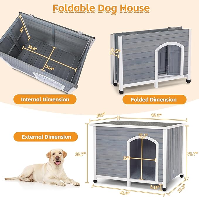 Petsfit 45.3" Dog House Outdoor, No Tools Required Assembly, Folding Dog House Outdoor, Unfold to Use, Dog Houses for Large Dogs Outside (Large, Grey)
