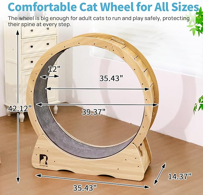 43 Inch Large Cat Exercise Wheel for Indoor Cats, Silent Treadmill, Non-Tip Design, Safe & Quiet Cat Running Wheel, Easy to Assemble, Supports Cats Up to 55 lbs (Natural Wood)