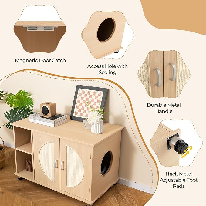 Tangkula Litter Box Enclosure, Hidden Cat Washroom with Storage Shelf, Sisal Scratching Doors, Adjustable Metal Feet, Modern Cat Litter Cabinet Storage Bench, Enclosed Litter Box Furniture (Natural)