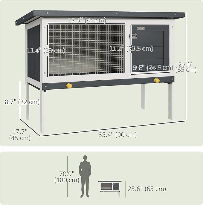 PawHut 35" Wooden Rabbit Hutch Indoor, Bunny Cage Outdoor, Guinea Pig House with Pull-Out Tray, and Openable Asphalt Roof, Black
