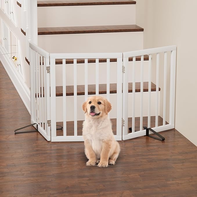 Dog Gate, Bamboo Freestanding Dog Gates for Doorways, Foldable Dog Gate Indoor, Pet Gates for Doorways Bedroom, Puppy Gate with Metal Support Feet, Room Divider 3 Panels (White)