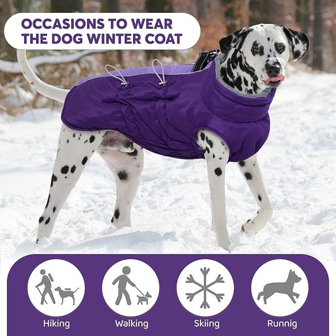IDOMIK Warm Dog Coat with Harness Built-in, Thick Fleece Dog Winter Jacket with High Collar&Zipper, Waterproof Reflective Dogs Cold Weather Coats for Large Dogs, Pet Snow Jacket Vest(Purple,2XL)