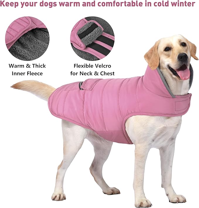 Dog Coat, Waterproof Dog Winter Jacket with Pocket, Reflective Adjustable Pet Snow Vest, Warm Cozy Fleece Sweater for Small Medium Extra Large Dogs - Light Pink, S