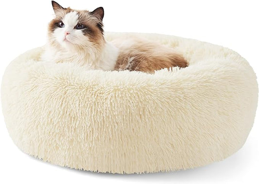 Bedsure Calming Cat Beds for Indoor Cats - Small Cat Bed Washable 20 inches, Anti-Slip Round Fluffy Plush Faux Fur Pet Bed, Fits up to 15 lbs Pets, Cream