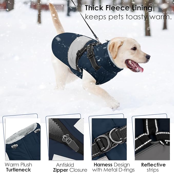 AOFITEE Dog Winter Coat, Dog Coat with Harness Built in, Dogs Jacket for Large Dogs, Reflective Waterproof Pet Puffer Jacket Snowsuit, Warm Fleece Windproof Pet Sweater for Cold Weather, XL