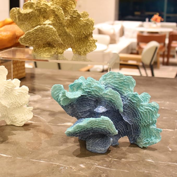 Blue Faux Coral Reef Statue - Resin Sea Coral Sculpture for Tabletop, Home, Living Room - Coastal Beach Decor