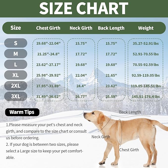 IDOMIK Dog Winter Coat for Large Dogs, Warm Dog Winter Jacket with Fleece High Collar, Zippered Cold Weather Coats for Dogs, Waterproof Doggy Snow Jacket Clothes,Green,3XL