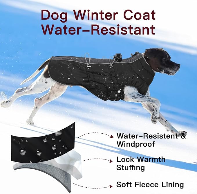 Dog Winter Jacket - 3X Large, Warm Zip Up Snowsuit Dog Harness Vest, Reflective, Water-Resistant, Black